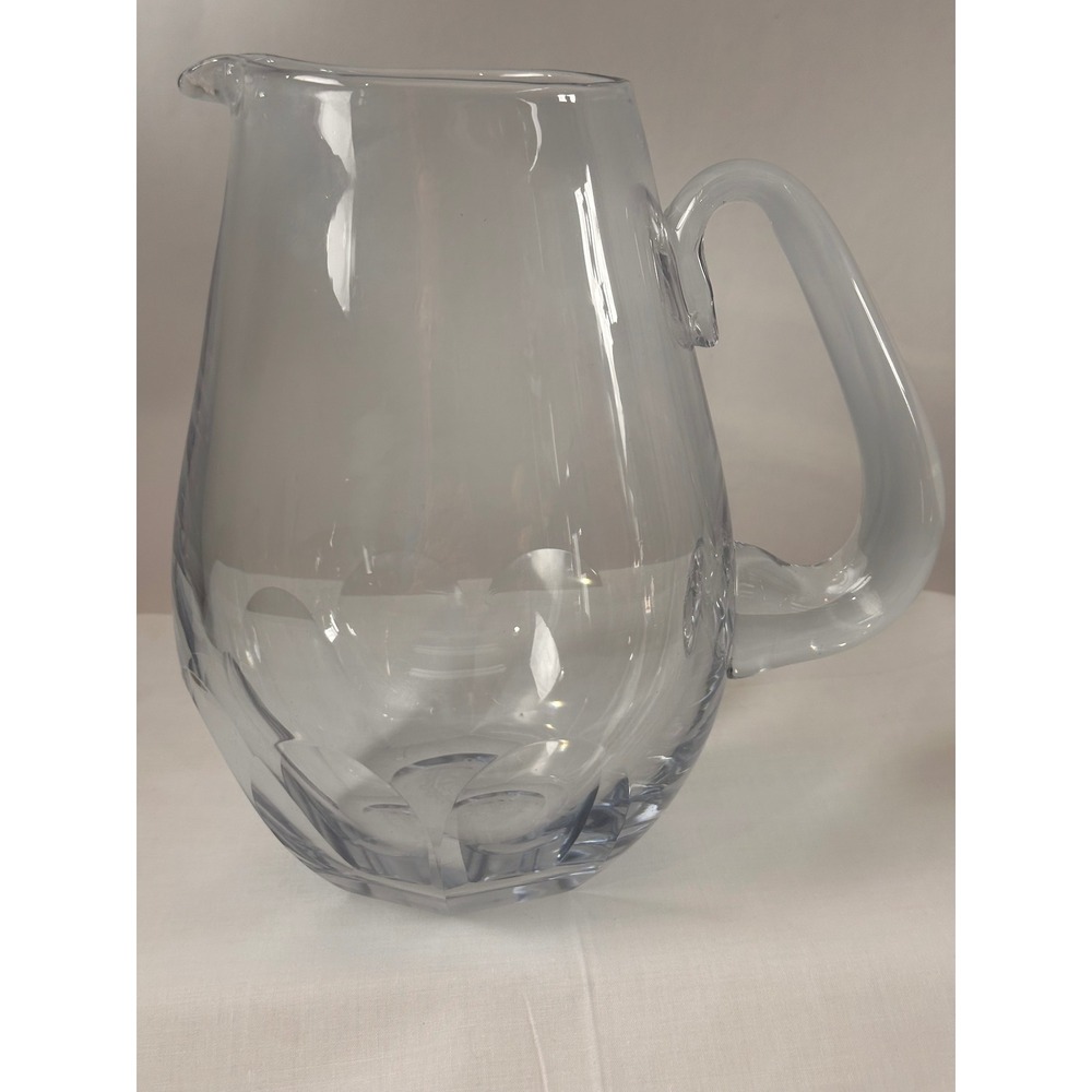 Strombergshyttan Ice Blue Crystal Pitcher MCM Sweden Etched Shield Mark 8.75in
